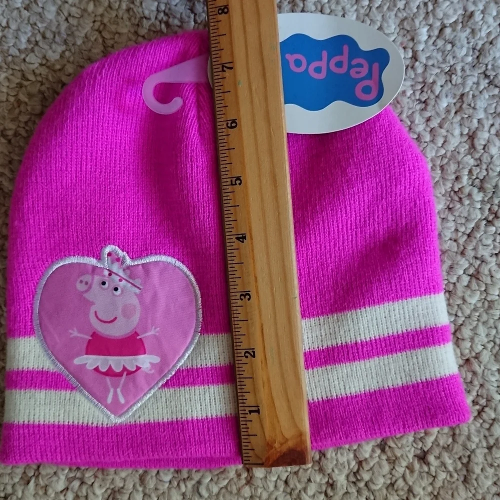 Peppa Pig Girls Pink & White Stripe Ballerina Heart Knit Beanie Hat size 4-6